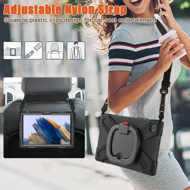 Alt view image 3 of 5 - PboyiqiS Case for Galaxy Tab A8 10.5" 2022 (SM-X200/ X205/ X207), Heavy Duty Protective Case with 360 Degree Swivel Stand&Hand Strap&Shoulder Strap (Black)