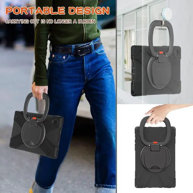 Alt view image 4 of 5 - PboyiqiS Case for Galaxy Tab A8 10.5" 2022 (SM-X200/ X205/ X207), Heavy Duty Protective Case with 360 Degree Swivel Stand&Hand Strap&Shoulder Strap (Black)