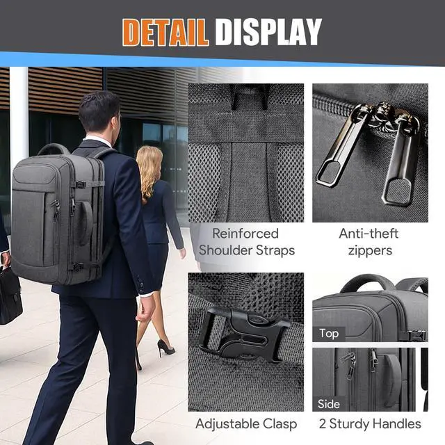 Alt view image 5 of 5 - JARWAM Carry On Backpack, Travel Laptop Backpack, Expandable 40-50L Large Luggage TSA Flight Approved Anti-Theft Laptop Bag, Sturdy 17 Inch TSA Friendly Water Resistant Business Bag for Men, Grey