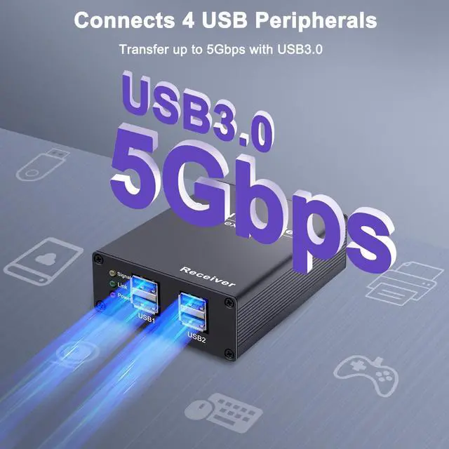 Alt view image 4 of 5 - LornCeng USB 3.0 Extender Over Cat6a/7 Ethernet  330ft (100m) 5Gbps Transmission, 4-Port Powered USB 3.0 Hub, USB-C Input, Plug & Play, No Driver for Windows/Mac/Linux Devices