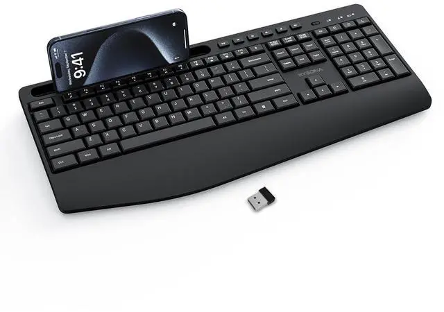 Main image of KYSONA 5th Gen Wireless Keyboard, 2.4G Full-Sized Cordless Ergonomic Keyboard with Wrist Rest, Phone ipad Holder, Adjustable Angle, Compatible with Laptop/PC/Mac/Windows, Black
