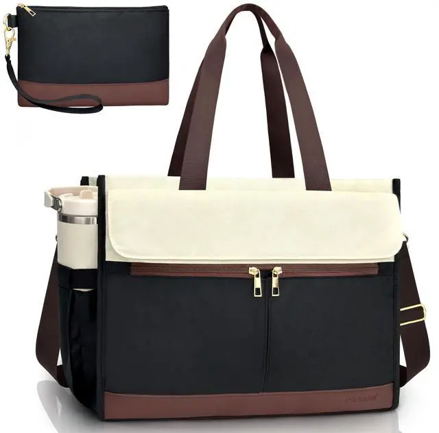 Main image of Laptop Bag for Women - 15.6 Inch Tote Work Bag with Compartments Nurse Teacher Bag Large Waterproof Lightweight Office Handbag(B&W)