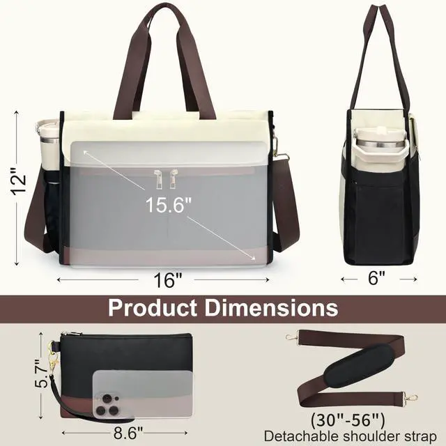 Alt view image 4 of 5 - Laptop Bag for Women - 15.6 Inch Tote Work Bag with Compartments Nurse Teacher Bag Large Waterproof Lightweight Office Handbag(B&W)