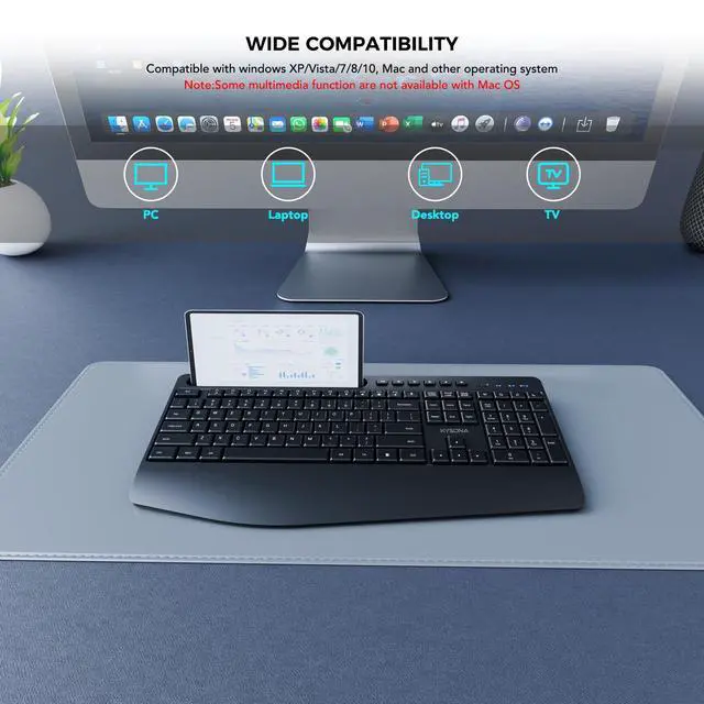 Alt view image 5 of 5 - KYSONA 5th Gen Wireless Keyboard, 2.4G Full-Sized Cordless Ergonomic Keyboard with Wrist Rest, Phone ipad Holder, Adjustable Angle, Compatible with Laptop/PC/Mac/Windows, Black