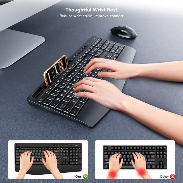 Alt view image 2 of 5 - KYSONA 5th Gen Wireless Keyboard, 2.4G Full-Sized Cordless Ergonomic Keyboard with Wrist Rest, Phone ipad Holder, Adjustable Angle, Compatible with Laptop/PC/Mac/Windows, Black