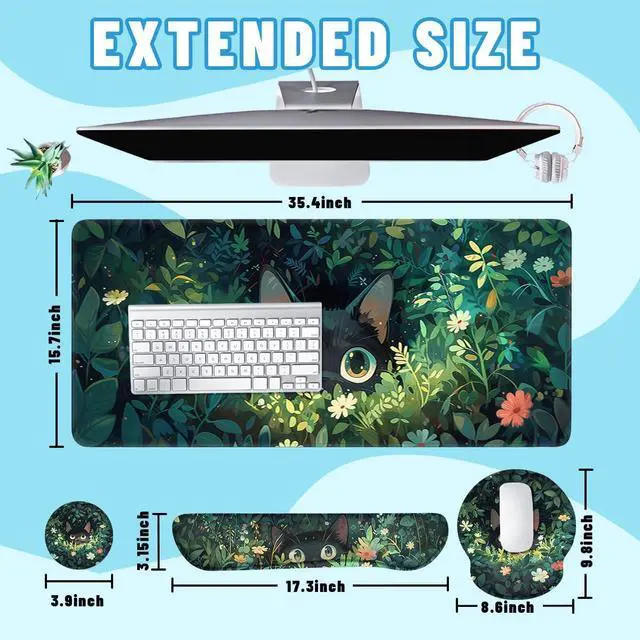 Alt view image 2 of 5 - Curious Cat Mouse Pad Set Cartoon Black Cat Flower Bush Gaming Mousepad 4in1 Desk Mat for Desktop Wrist Support Cup Coaster Set Ergonomic Computer Desk Arm Wrist for Decor Home Office