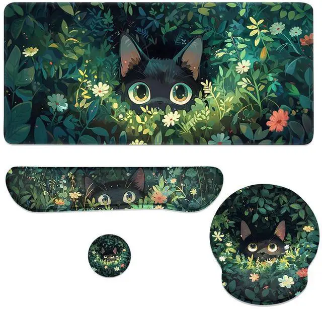 Main image of Curious Cat Mouse Pad Set Cartoon Black Cat Flower Bush Gaming Mousepad 4in1 Desk Mat for Desktop Wrist Support Cup Coaster Set Ergonomic Computer Desk Arm Wrist for Decor Home Office