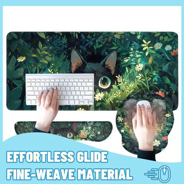 Alt view image 4 of 5 - Curious Cat Mouse Pad Set Cartoon Black Cat Flower Bush Gaming Mousepad 4in1 Desk Mat for Desktop Wrist Support Cup Coaster Set Ergonomic Computer Desk Arm Wrist for Decor Home Office