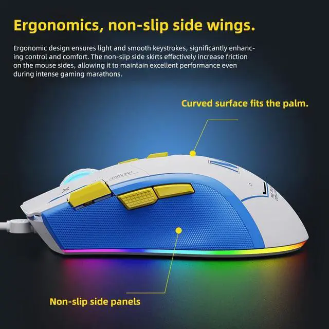 Alt view image 5 of 5 - Ergonomic Gaming Mouse, Wired USB-C, 7200 DPI Plug Play High-Precision Optical Sensor, 8 Programmable Buttons, RGB Backlit, Gaming Mice for PC & Laptop, White