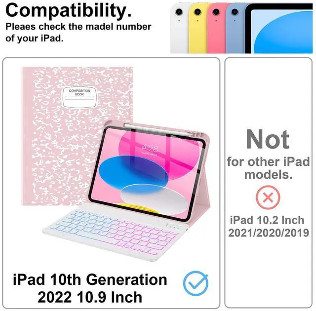 Alt view image 3 of 5 - Supveco Keyboard Case for iPad (A16) 11th/10th Generation 11&10.9 Inch with Pencil Holder,7 Colors Backlit Wireless Detachable Folio Keyboard Cover for iPad 11th/10th Gen 2025/2022-Pink