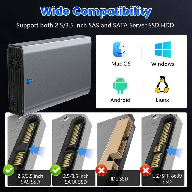 Alt view image 3 of 5 - SAS to USB 3.0 Adapter, SATA Hard Drive Docking Station for 2.5/3.5 Inch SSD HDD,Tool -Free External Enclosure with 12V/2A Power Adapter and Cooling Fan,Support up to 24TB