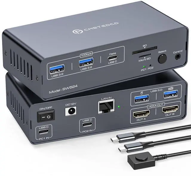 Main image of KVM Docking Station with USB C KVM Switch 2 Monitors 2 Laptops 4K60Hz HDMI EDID KVM Switches Dual Monitor for 2 Computers Share a 1G Ethernet 5 USB A/C Devices and SD/microSD Card Slots