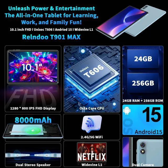 Alt view image 2 of 5 - 2025 Tablet, 10 inch Android 15 Tablet with Keyboard, 24GB+256GB+2TB Expandable Tablets, 2 in 1 Tablets with Keyboard Case Mouse Stylus, 8-core, 8000mAh, 5G WiFi, Split Screen, Widevine L1, GMS(Black)