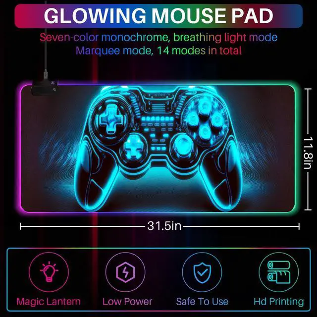 Alt view image 2 of 5 - Sbarklo XL Led Gaming Mouse Pad with 14 Light Modes - Light Up Gamer Mouse Pad,31.5 x 11.8in Non-Slip Gamepad Style RGB Large Gamer Mousepad,Black Long Glowing Gaming Accessories for Desk,Waterproof