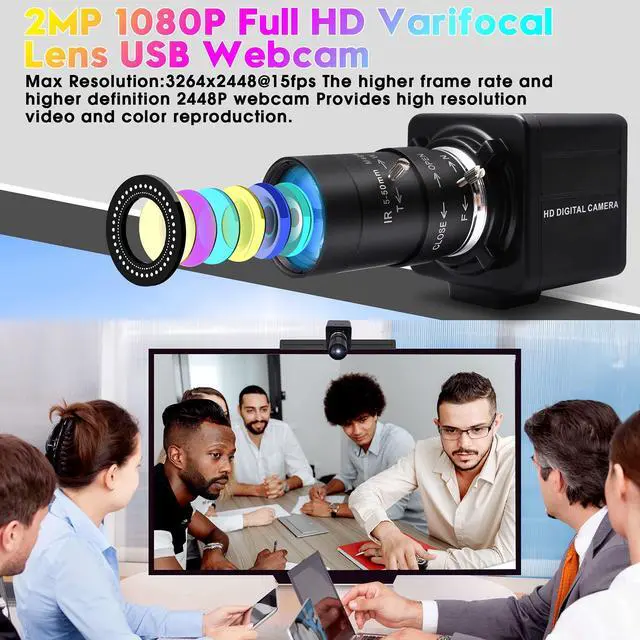 Alt view image 2 of 5 - 1080P USB Camera with Microphone Manual Zoom 5-50mm Webcam Variable Focus PC Camera H.264 Mini UVC USB2.0 USB with Camera for Computer Audio Video Close-up Camera Zoomable Web Camera