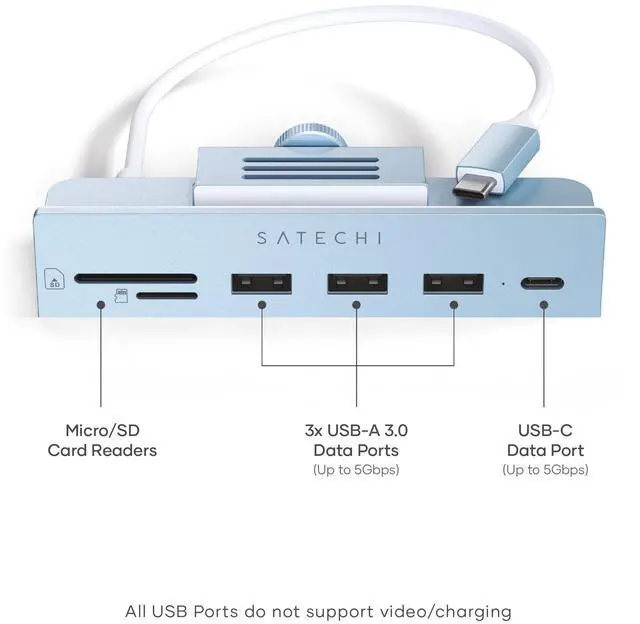 Alt view image 2 of 5 - Satechi Clamp Hub USB-C  USB-C Data Port, USB-A 3.0 Data Ports, Micro/SD Card Reader  for Apple Studio Display and 24-inch iMac M1 2021. Not Compatible with 2020 and Earlier iMac Models (Blue)