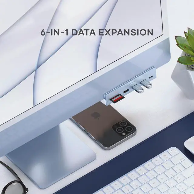 Alt view image 4 of 5 - Satechi Clamp Hub USB-C  USB-C Data Port, USB-A 3.0 Data Ports, Micro/SD Card Reader  for Apple Studio Display and 24-inch iMac M1 2021. Not Compatible with 2020 and Earlier iMac Models (Blue)