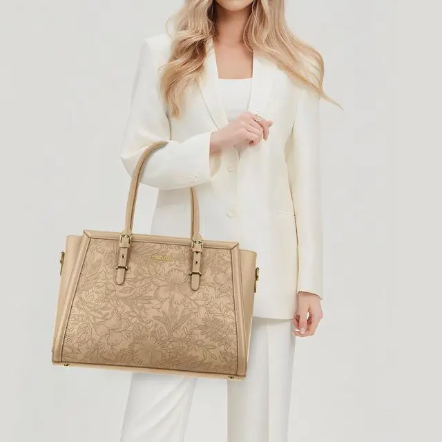 Alt view image 2 of 5 - MOSISO Laptop Bag for Women, 15.6-16 inch PU Leather Tote Bag Compatible with MacBook, HP, Dell, Asus Notebook, Front Embossed Retro Hibiscus Computer Bags with Silk Scarf&Clutch Purse, Apricot