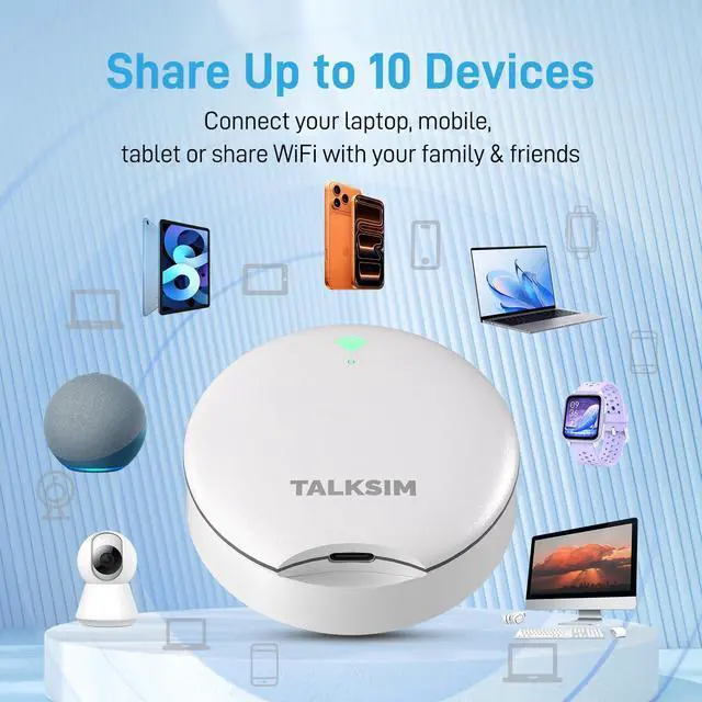 Alt view image 5 of 5 - TALKSIM UFO Mobile Hotspot with 15GB Data, Portable Pocket WiFi 6 & 4G LTE Hotspot MiFi Device, Support AT&T, T-Mobile, Verizon |10 Connected Devices, USA Coverage, No SIM, No Contract (White, 15GB)