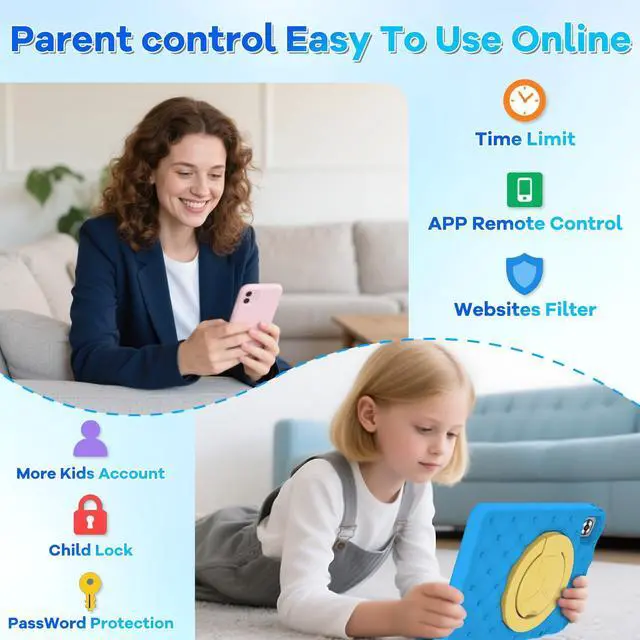 Alt view image 5 of 5 - DMOAO 10.1 Inch Kids Tablet Android 15-30GB RAM+64GB ROM(1TB Expandable), Octa-Core 2.0GHz, Anti-Blue Light Screen, 6000mAh, WiFi 6, 5MP+8MP, Parental Controls, EVA Case, Preloaded Edu Apps - Blue