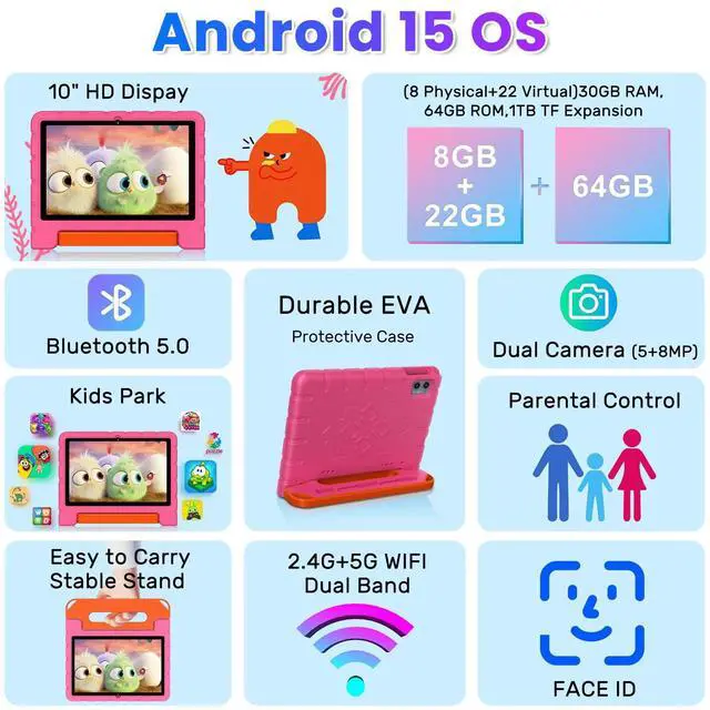 Alt view image 2 of 5 - 2025 Kids Tablet 10 inch Android 15 Tablets for Kid Octa-Core, 30GB+64GB (TF 1TB), Toddler Tablet with Shockproof Case, 5G WiFi, Parental Control, Widevine L1, Gemini AI, Split Screen, BT5.0-Pink