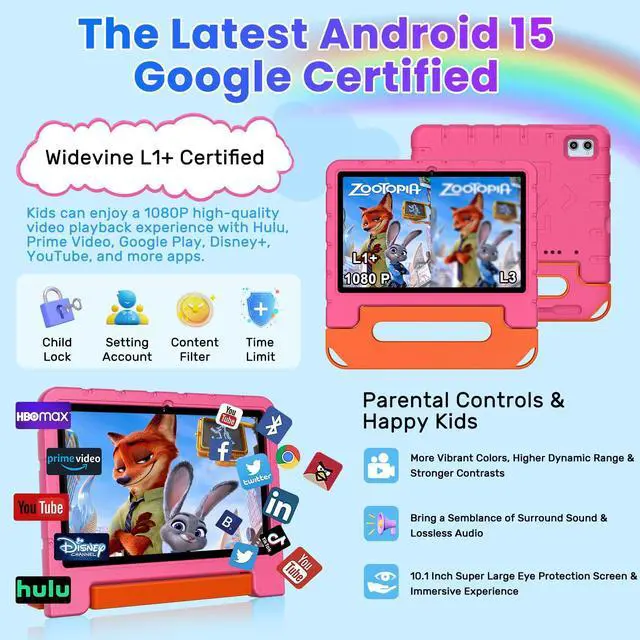 Alt view image 5 of 5 - 2025 Kids Tablet 10 inch Android 15 Tablets for Kid Octa-Core, 30GB+64GB (TF 1TB), Toddler Tablet with Shockproof Case, 5G WiFi, Parental Control, Widevine L1, Gemini AI, Split Screen, BT5.0-Pink