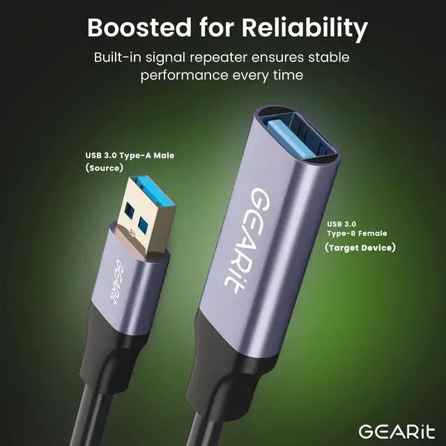 Alt view image 2 of 5 - GEARit USB 3.0 Active Extension Cable (20 Feet) A-Male to A-Female USB Repeater with Signal Booster for Oculus Rift, Quest Link, Xbox 360 Kinect, PlayStation, Printer, Webcam - 20ft