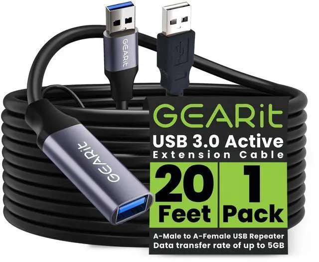 Main image of GEARit USB 3.0 Active Extension Cable (20 Feet) A-Male to A-Female USB Repeater with Signal Booster for Oculus Rift, Quest Link, Xbox 360 Kinect, PlayStation, Printer, Webcam - 20ft