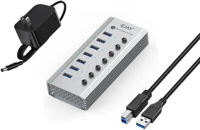 Main image of EJAY 7-Port USB 3.0 Data Hub and Charger with Individual Power Switches with Power Adapter for Mac, PC (TGH-7U-Gray)