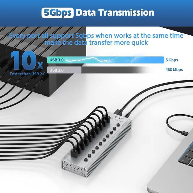 Alt view image 2 of 5 - EJAY 7-Port USB 3.0 Data Hub and Charger with Individual Power Switches with Power Adapter for Mac, PC (TGH-7U-Gray)