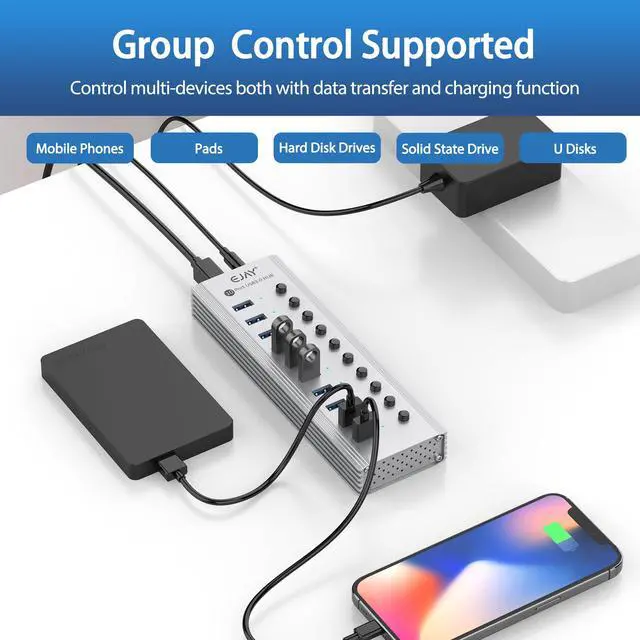 Alt view image 3 of 5 - EJAY 7-Port USB 3.0 Data Hub and Charger with Individual Power Switches with Power Adapter for Mac, PC (TGH-7U-Gray)