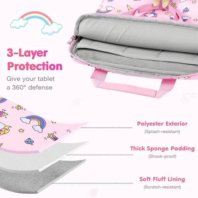 Alt view image 3 of 5 - MoKo 10-12.5 Inch Kids Tablet Sleeve Carrying Case for Fire HD 10 13th/11th Gen, Fire HD 8/7 Kids 2022, Tablet Bag with Shoulder Strap for 10/10.1 Inch Android 12/13, Pink Unicorn