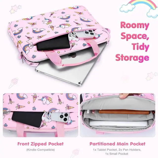 Alt view image 4 of 5 - MoKo 10-12.5 Inch Kids Tablet Sleeve Carrying Case for Fire HD 10 13th/11th Gen, Fire HD 8/7 Kids 2022, Tablet Bag with Shoulder Strap for 10/10.1 Inch Android 12/13, Pink Unicorn