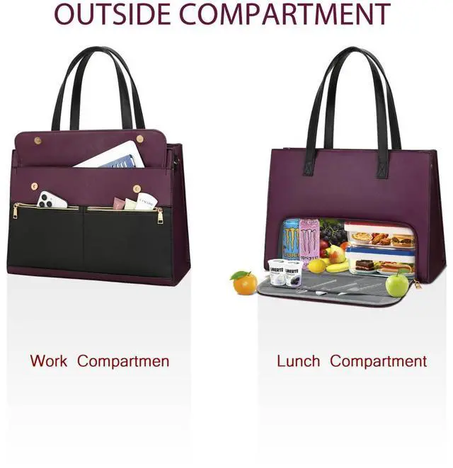 Alt view image 4 of 5 - KKXIU 2-in-1 Laptop Lunch Tote Bag for Women, 15.6 Inch Insulated Leakproof Computer Bag, Large Capacity Work Purse for Office, Nurse, Teacher, Travel - Black & Purple