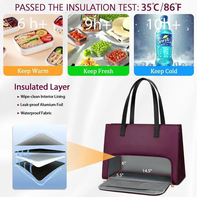 Alt view image 2 of 5 - KKXIU 2-in-1 Laptop Lunch Tote Bag for Women, 15.6 Inch Insulated Leakproof Computer Bag, Large Capacity Work Purse for Office, Nurse, Teacher, Travel - Black & Purple