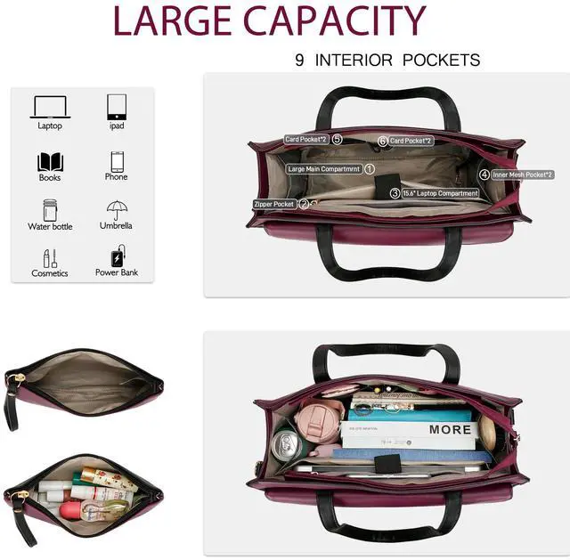 Alt view image 3 of 5 - KKXIU 2-in-1 Laptop Lunch Tote Bag for Women, 15.6 Inch Insulated Leakproof Computer Bag, Large Capacity Work Purse for Office, Nurse, Teacher, Travel - Black & Purple