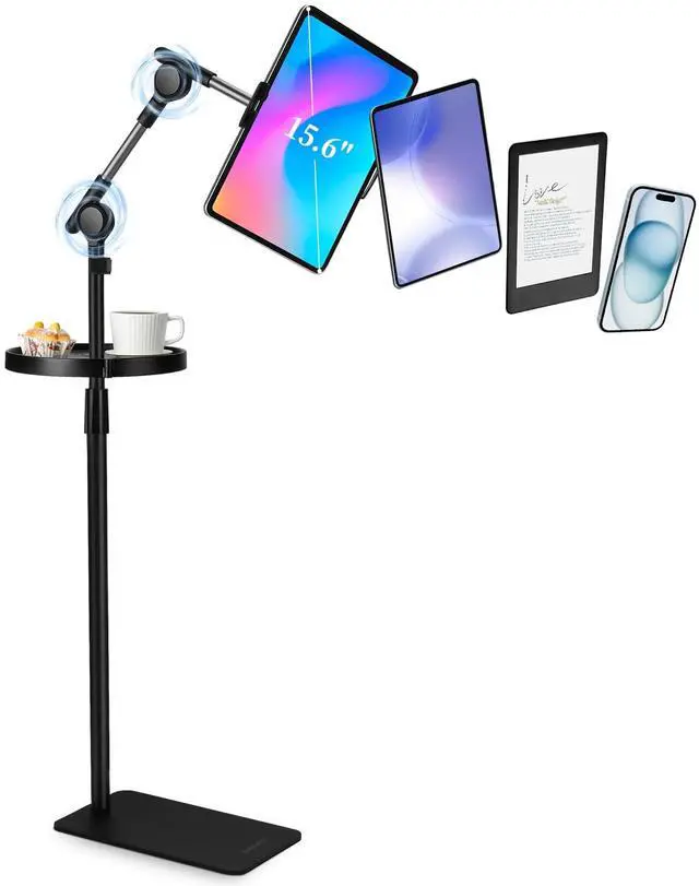 Main image of SHUWEI Tablet Floor Stand with Tray and Double Self-Locking Worm Gears, 63Height Adjustable Floor Stand with 7.5lb Stable Base, Compatible with 4.7-15.6'' iPad, Kindle, Phone