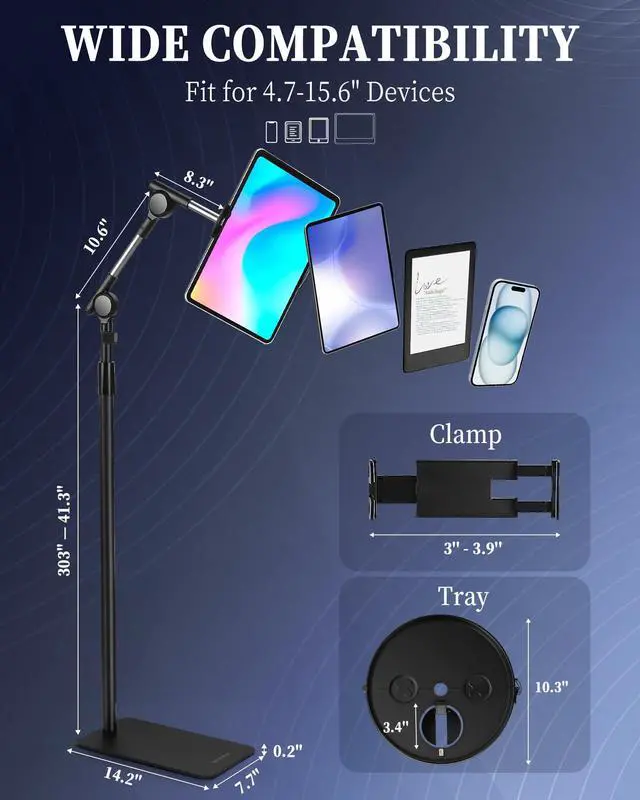 Alt view image 4 of 5 - SHUWEI Tablet Floor Stand with Tray and Double Self-Locking Worm Gears, 63Height Adjustable Floor Stand with 7.5lb Stable Base, Compatible with 4.7-15.6'' iPad, Kindle, Phone