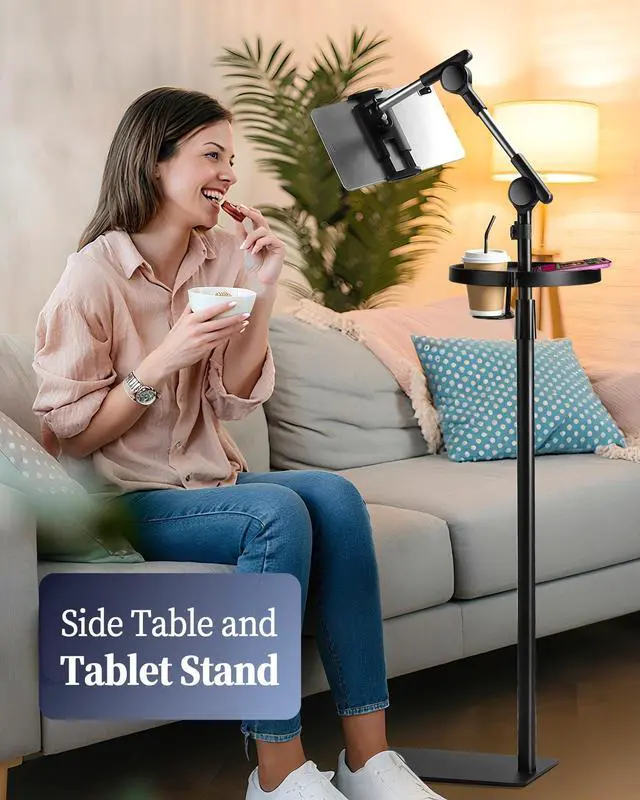 Alt view image 2 of 5 - SHUWEI Tablet Floor Stand with Tray and Double Self-Locking Worm Gears, 63Height Adjustable Floor Stand with 7.5lb Stable Base, Compatible with 4.7-15.6'' iPad, Kindle, Phone