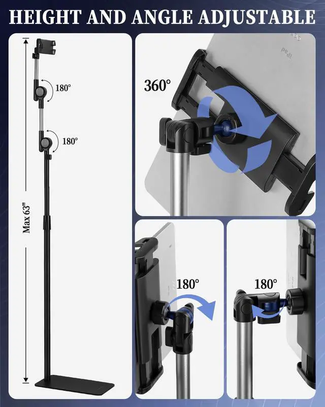 Alt view image 5 of 5 - SHUWEI Tablet Floor Stand with Tray and Double Self-Locking Worm Gears, 63Height Adjustable Floor Stand with 7.5lb Stable Base, Compatible with 4.7-15.6'' iPad, Kindle, Phone