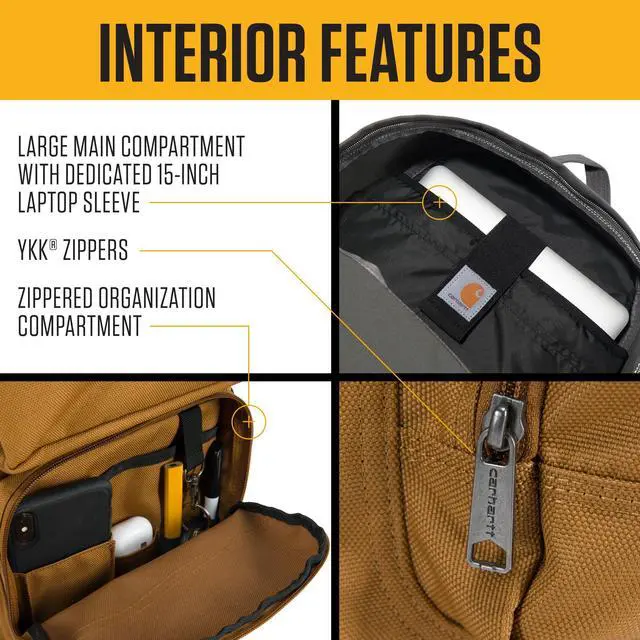 Alt view image 5 of 5 - Carhartt 27L Classic Single-Compartment Backpack, Durable Pack with Laptop Sleeve and Duravax Abrasion Resistant Base, Brown