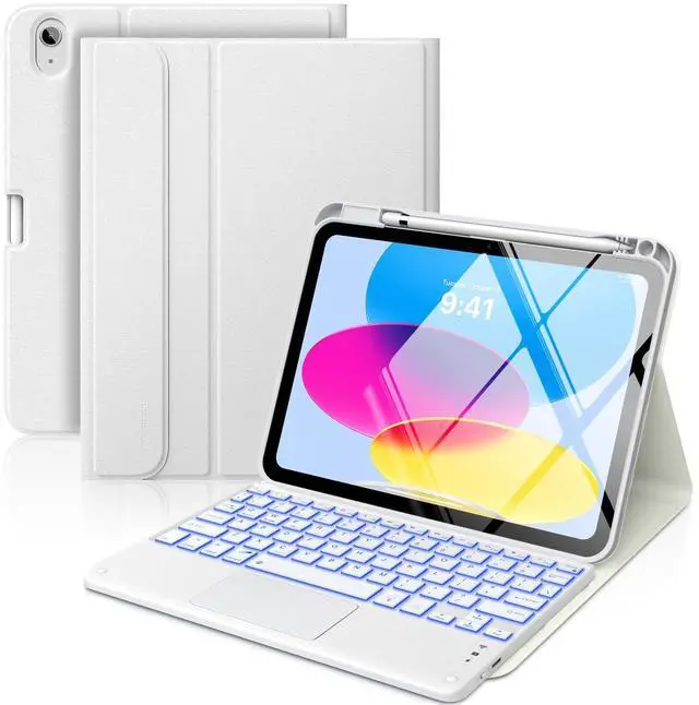 Main image of MoKo Touch Keyboard Case for iPad (A16) 11th Generation 11 inch 2025, iPad 10th Generation 10.9 inch Case with Pencil Holder, 7 Colors Backlit Multi-TrackPad Detachable Bluetooth Keyboard, White