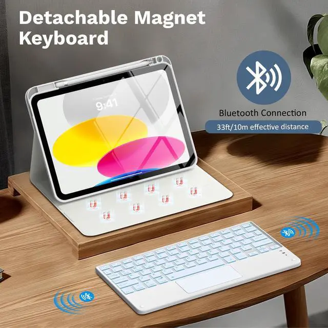 Alt view image 4 of 5 - MoKo Touch Keyboard Case for iPad (A16) 11th Generation 11 inch 2025, iPad 10th Generation 10.9 inch Case with Pencil Holder, 7 Colors Backlit Multi-TrackPad Detachable Bluetooth Keyboard, White