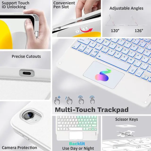 Alt view image 3 of 5 - MoKo Touch Keyboard Case for iPad (A16) 11th Generation 11 inch 2025, iPad 10th Generation 10.9 inch Case with Pencil Holder, 7 Colors Backlit Multi-TrackPad Detachable Bluetooth Keyboard, White