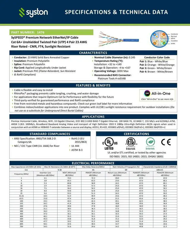 Alt view image 2 of 5 - Syston Cable Technology Cat 6A+ Ethernet Network Cable700MHz 23AWG Solid Bare Copper Wire Outdoor/Indoor, No Ends 100/250/500/1000 Ft Available, Heat Resistant Riser Rated (250 FT, CMR, White-CMR)
