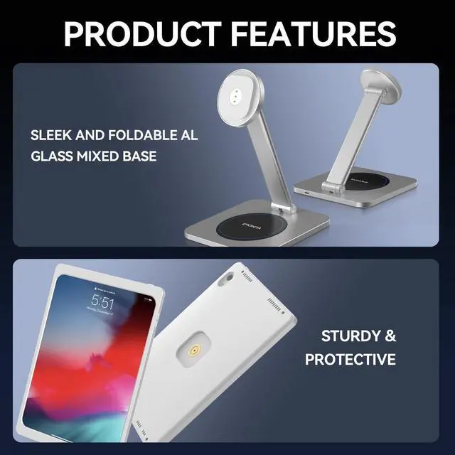 Alt view image 2 of 5 - EMONITA Foldable Magnetic Stand with Charging Case A10 for iPad Pro (6th / 5th / 4th / 3rd Generation) 12.9-Inch. Strong Magnets, 360 Rotation, 90 Tilt, 45W Fast Charger Adapter USB C Cable Included