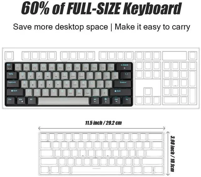 Alt view image 4 of 5 - abucow 60% Mechanical Gaming Keyboard Blue Switch Wired Compact Keyboard Anti-Ghosting No-Conflict 61 Swappable keycaps Ergonomic Design for Windows/Mac