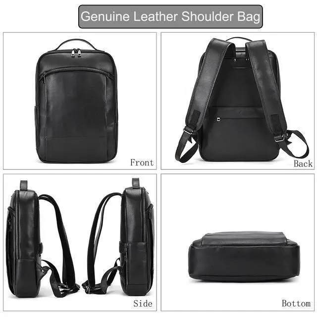 Alt view image 2 of 5 - LUUFAN Genuine Leather Shoulder Bag for Men Casual Laptop Backpack Daypack Rucksack Business Travel Outdoor Bag with Trolley Sleeve, Black