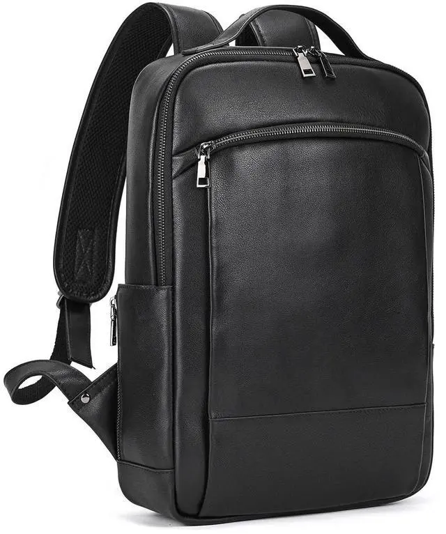 Main image of LUUFAN Genuine Leather Shoulder Bag for Men Casual Laptop Backpack Daypack Rucksack Business Travel Outdoor Bag with Trolley Sleeve, Black