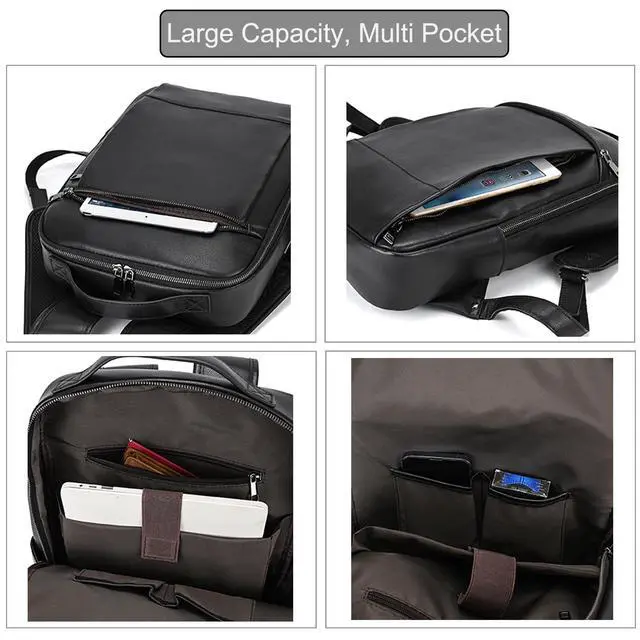 Alt view image 4 of 5 - LUUFAN Genuine Leather Shoulder Bag for Men Casual Laptop Backpack Daypack Rucksack Business Travel Outdoor Bag with Trolley Sleeve, Black